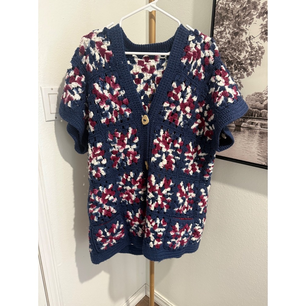 Handmade Crochet Granny Square Cardigan Navy Blue Burgundy Short Sleeve Boho L